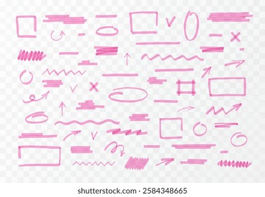 Vector illustration of hand drawn shapes and lines set with pink marker. Arrows, underlines, squares, lines and circles. For notes, articles. Highlighter elements. Isolated transparent background.