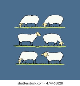Vector illustration of hand drawn sheep herd eating fresh grass on a meadow. Beautiful design elements, cute animal characters. 