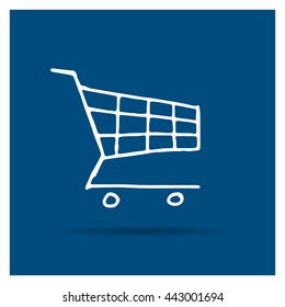 Vector Illustration of a Hand Drawn Shopping Cart Icon on a Blue Background