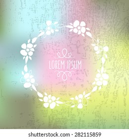vector illustration of hand drawn silhouette floral wreath on textured colorful background in flat design style as a template for design of invitations, personal cards, prints, decorations, patterns