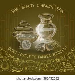 Vector illustration with hand  drawn silhouette spa accessories on brown background. 