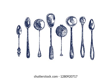 Vector illustration of hand drawn silver spoons. Hand drawn with chalk vintage spoons. Beautiful kitchen print.