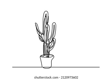 vector illustration hand drawn single continuous line cactus tree in pot