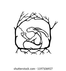 Vector illustration of hand drawn sitting hare with a cup of hot tea. Beautiful ink drawing, vector emblem
