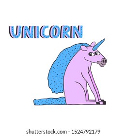 Vector illustration with hand drawn sitting unicorn and a lettering word "Unicorn".