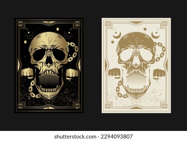 Vector illustration with hand drawn  skeleton  black and white background. Golden linear shape. Premium card  design.