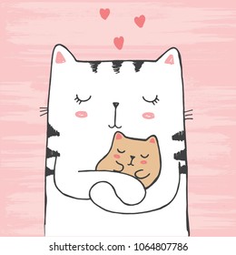 Vector illustration of hand drawn sketch white cat hugs his baby with hearts on scratched grunge pink background peeking out from image corner, card for mother's or father's day, Valentine's Day