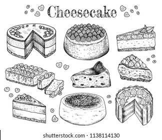 Vector Illustration Of Hand Drawn Sketch Cheesecakes. Food, Tasty Dessert, Slice, Piece, Cake With Cheese. Cheesecake With Berries And Fruits. Doodle Sweet Bakery Products. Vintage Background. Menu.