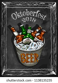 Vector illustration of hand drawn sketch colorful  bucket with beer and ice. Oktoberfest, festival, pub, bottle, drinks. Vintage and retro style. Oktoberfest 2018. Germany.