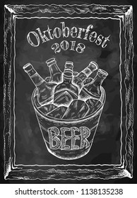 Vector illustration of hand drawn sketch black and white bucket with beer and ice. Oktoberfest, festival, pub, bottle, drinks. Vintage and retro style. Oktoberfest 2018. Germany.