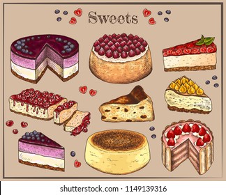 Vector illustration of hand drawn sketch set of colorful sweets. Tasty piece or slice of cake, dessert. Cheesecake with berries and fruits. Doodle sweet bakery products. Vintage background. Menu.