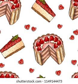 Vector illustration of hand drawn sketch pattern with colorful cake. Sweet strawberry cheesecake dessert food, mint.Background in vintage style. For menu, cards, banners, flyers, confectionery.