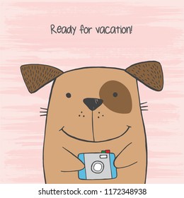 Vector illustration of hand drawn sketch cartoon dog hugs his photo camera on scratched grunge pink background peeking out from image corner with lettering Ready for vacation