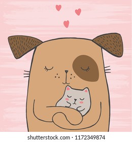 Vector illustration of hand drawn sketch dog hugs his baby with hearts on scratched grunge pink background peeking out from image corner, card for mother's or father's day, Valentine's Day