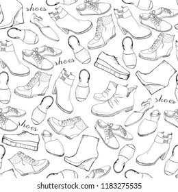 Vector illustration of Hand drawn sketch seamless pattern of Shoes. Running shoes sneakers, boots, flip flops, boots, moccasins, loafer with lettering. Design element. Wrapping paper