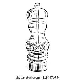 Vector illustration of hand drawn sketch of pepper mill for black pepper made form glass transparent