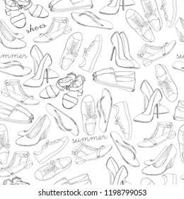 Vector illustration of Hand drawn sketch seamless pattern of Shoes. Running shoes sneakers, boots, flip flops, boots, moccasins, loafer with lettering. Design element. Wrapping paper