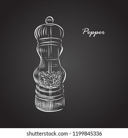 Vector illustration of hand drawn sketch of pepper mill for black pepper made form glass transparent on dark background