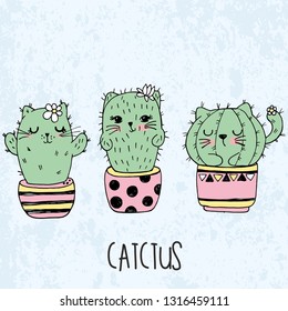 Vector illustration hand drawn sketch set cute kawaii cat cactus in flowerpot in anime style and lettering catctus