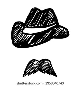 Vector Illustration of Hand Drawn Sketch of Hat and Mustache Man Icon on Isolated Background