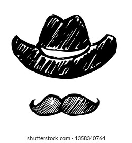 Vector Illustration of Hand Drawn Sketch of Hat and Mustache Man Icon on Isolated Background