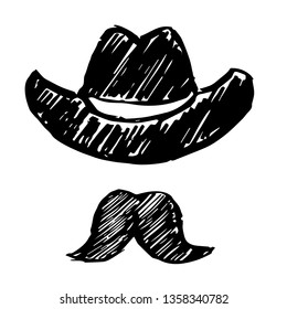 Vector Illustration of Hand Drawn Sketch of Hat and Mustache Man Icon on Isolated Background