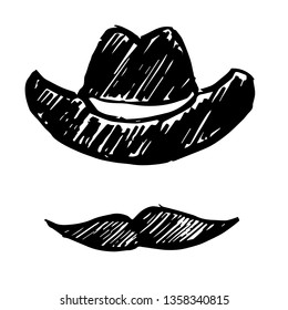 Vector Illustration of Hand Drawn Sketch of Hat and Mustache Man Icon on Isolated Background