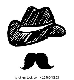 Vector Illustration of Hand Drawn Sketch of Hat and Mustache Man Icon on Isolated Background
