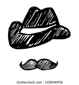 Vector Illustration of Hand Drawn Sketch of Hat and Mustache Man Icon on Isolated Background