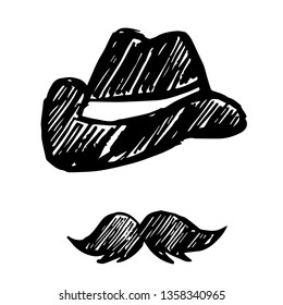 Vector Illustration of Hand Drawn Sketch of Hat and Mustache Man Icon on Isolated Background