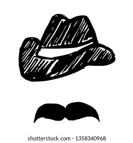 Vector Illustration of Hand Drawn Sketch of Hat and Mustache Man Icon on Isolated Background