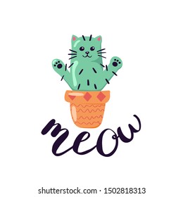 Vector illustration of hand drawn sketch cute kawaii cat cactus with meow in a flowerpot with flower in anime style with lettering catctus