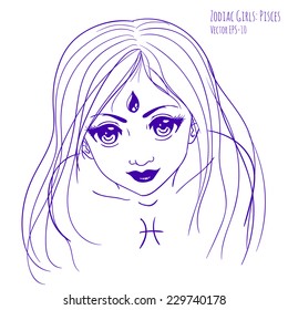 Vector illustration hand drawn sketch of  Pisces Zodiac sign woman isolated on white