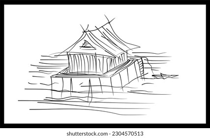 Vector illustration: Hand drawn sketch with ocean and canoe. Line design