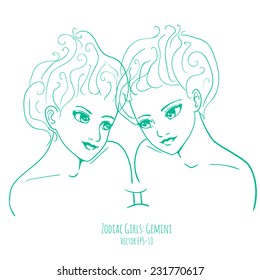 Vector illustration hand drawn sketch of Gemini Zodiac sign woman isolated on white 