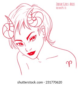 Vector illustration hand drawn sketch of Aries Zodiac sign woman isolated on white 
