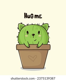 Vector illustration of hand drawn sketch cute kawaii cat cactus in a flowerpot with lettering hug me. Cat. Kitty. Plant.