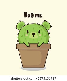 Dibujo vectorial del dibujo a mano lindo cactus de oso kawaii en una maceta florida con letras abrazándome.