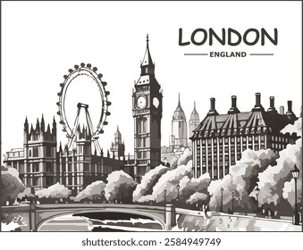 Vector illustration of hand drawn sketch of London England city landscape, Big Ban London