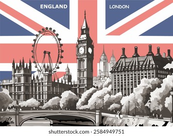 Vector illustration of hand drawn sketch of London England city landscape, Big Ban London