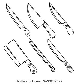 Vector illustration of hand drawn sketch style kitchen knife set on white background. Simple chef knife collection line art