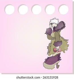 Vector illustration: hand drawn sketch girl in coat on pink paper sticker 