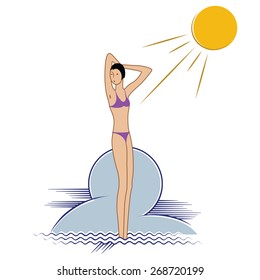 Vector illustration. Hand drawn sketch - Abstract girl standing by the water.