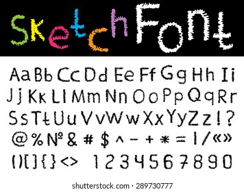 Vector illustration with hand drawn sketch font: alphabet and numbers