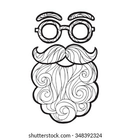 Vector illustration of a hand drawn sketch santa claus male beard and mustache fashionable hipster style, curly beard and round glasses