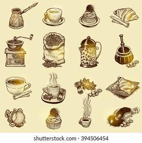 Vector illustration Hand drawn sketch vintage coffee set.  Design elements  for menu cafe and restaurant