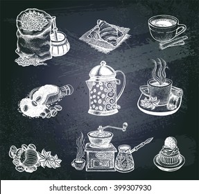 Ilustración vectorial Dibujo mano conjunto de café vintage.  Elementos de diseño para la cafetería y el restaurante a la carta