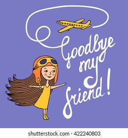 Vector illustration hand drawn. Sketch of girl in yellow dress and in air helmet plays with paper airplanes. The inscription drawn with a brush. 