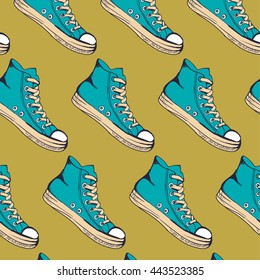 The vector illustration hand drawn sketch turquoise sneakers pattern for design