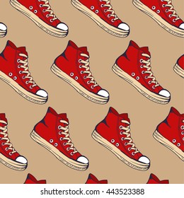 The vector illustration hand drawn sketch red sneakers pattern for design